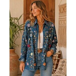 Vintage Life Style Womens 1X Denim Jacket Floral Embroidered Grannycore 90s